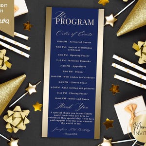 Puede incluir: Un programa de eventos azul marino con detalles dorados, que muestra el texto "The Program" y un programa de eventos. El diseño incluye estrellas doradas, lazos y sombreros de fiesta, con el texto "Self-edit with Canva".