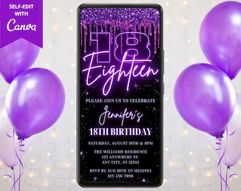 Digitale achttien 18e verjaardagspartij uitnodigen, elektronische tekst e-mail Evite, Neon Purple Glitter Drip, bewerkbare sjabloon, Instant Download