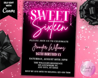 Invito per la festa di compleanno di sedici anni con glitter rosa modificabile, invito stampabile e digitale, modello modificabile, download immediato