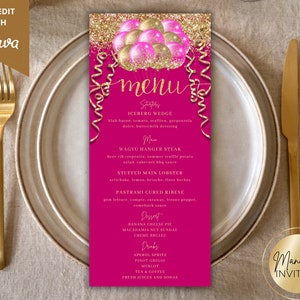 Editable Pink Gold Glitter Balloons Birthday Dinner Menu Card, Printable Event Menu and Drink Card, Editable Template, Instant Download