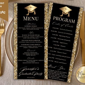 Modèle de carte de menu et de programme pour le dîner en or noir moderne modifiable, carte de menu pour dîner événement personnalisé, toile, téléchargement immédiat