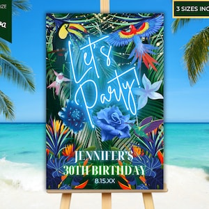Editable Tropical Hawaiian Luau Birthday Let&#39;s Party Welcome Sign, Blue Neon, Printable Poster Sign, Editable Template, Instant Download