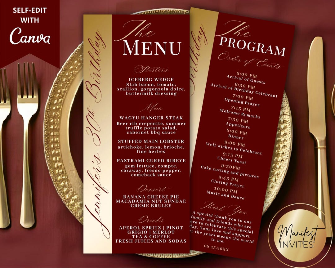 Editable Elegant Red Gold Menu Program and Thank You Card, Modern ...
