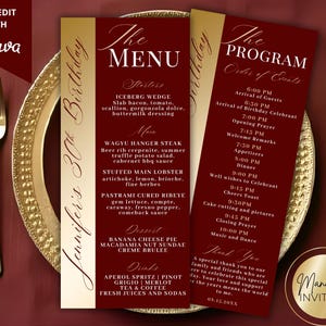 Könnte beinhalten: Elegante weinrote Menü- und Programm-Karten für eine 30. Geburtstagsfeier. Die Speisekarte enthält Vorspeisen, Hauptgerichte, Desserts und Getränke. Das Programm skizziert den Ablauf der Veranstaltung. Goldene Akzente.