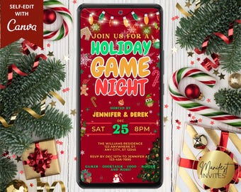 Digitale leuke feestelijke vakantie Game Night uitnodiging kerstfeest, vrienden familievakantie verzamelen, tekst Evite, bewerkbare sjabloon, download