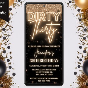 Digital Dirty Thirty 30th Birthday Party Invitation, Electronic Phone Evite, Gold Glitter Drip, Editable Template, Instant Download, GGD02