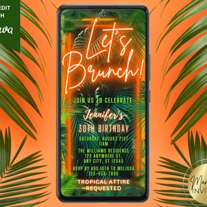 Digital Tropical Let&#39;s Brunch Birthday Party Invitation, Jungle, Orange Neon, Electronic Phone Evite, Editable Template, Instant Download