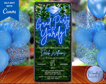 Digital Graduation BBQ Cookout Party Invitation, Grad Party in the Yardy, Blue Neon Greenery, Evite, Editable Template, Instant Download