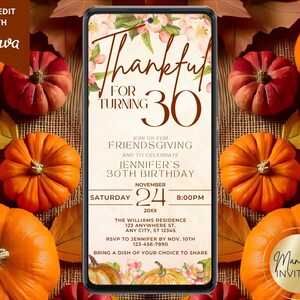 Digital Thankful Birthday Friendsgiving Party Invitation, Thanksgiving Autumn Fall Party, Phone Evite, Editable Template, Instant Download