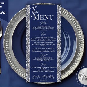 Editable Navy Blue Silver Glitter Dinner Menu and Drink Card, Birthday Graduation, Printable Table Decor, Canva Template, Instant Download