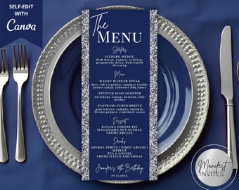 Editable Navy Blue Silver Glitter Dinner Menu and Drink Card, Birthday Graduation, Printable Table Decor, Canva Template, Instant Download
