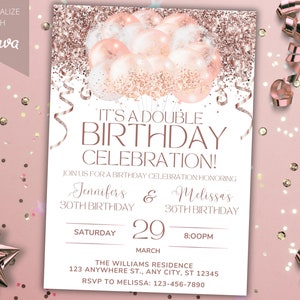 Modèle d'invitation modifiable de ballons scintillants roses en or rose pour fête d'anniversaire double, carte imprimable et Evite de téléphone, téléchargement immédiat
