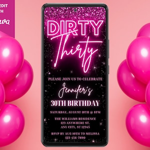 Digital Dirty Thirty 30th Birthday Party Invitation, Electronic Phone Evite, Pink Glitter Drip, Editable Template, Instant Download, PGD7
