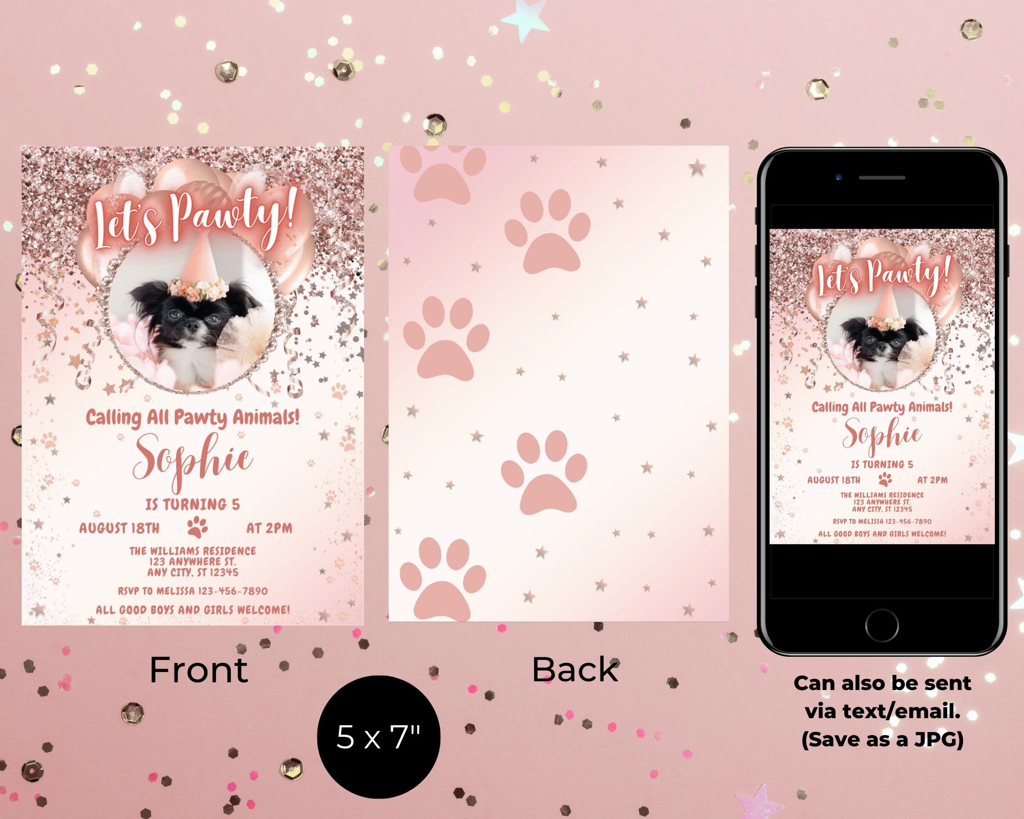 Editable Let's Pawty Girl Dog Birthday Party Glam Photo Invitation ...
