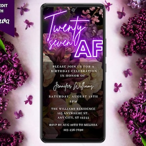 Digital Twenty Seven AF 27th Birthday Party Invitation, Electronic Phone Text Evite, Purple Neon Floral, Editable Template, Instant Download
