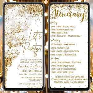 Digitale Let's Party witgoud verjaardagsuitnodiging weekend reisroute, elektronisch schema Evite, bewerkbare sjabloon, Instant Download