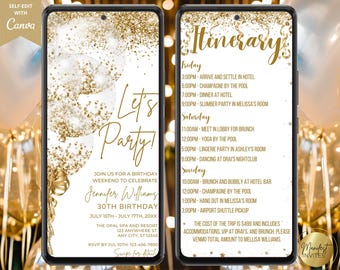 Digital Let's Party White Gold Birthday Trip Weekend Itinerary Invitation, Electronic Schedule Evite, Editable Template, Instant Download