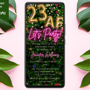 Digital Twenty Three AF 23rd Birthday Party Invitation, Electronic Phone Text Evite, Floral Greenery, Editable Template, Instant Download