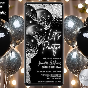 Digital Let&#39;s Party Black Silver Balloons Elegant Birthday Party Invitation, Electronic Phone Evite, Editable Template, Instant Download