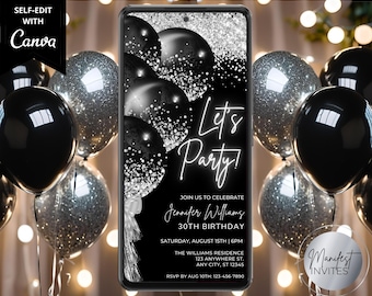 Digital Let&#39;s Party Black Silver Balloons Elegant Birthday Party Invitation, Electronic Phone Evite, Editable Template, Instant Download
