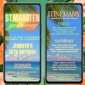 Puede incluir: Dos smartphones muestran una invitación y un itinerario con temática tropical para una escapada de cumpleaños a St. Maarten. La invitación presenta texto en blanco y amarillo, con un fondo de escena de playa. El itinerario enumera actividades.