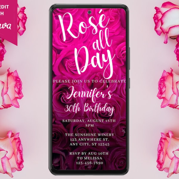 Digital Winery Wine Tasting Birthday Invitation, Electronic Text Evite, Rose All Day, Hot Pink Floral, Editable Template, Instant Download