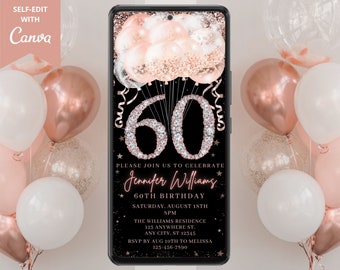 Digital 60th Birthday Pink Rose Gold Diamond Balloons Party Invitation, Electronic Phone Evite, Editable Template, Instant Download, RGB3