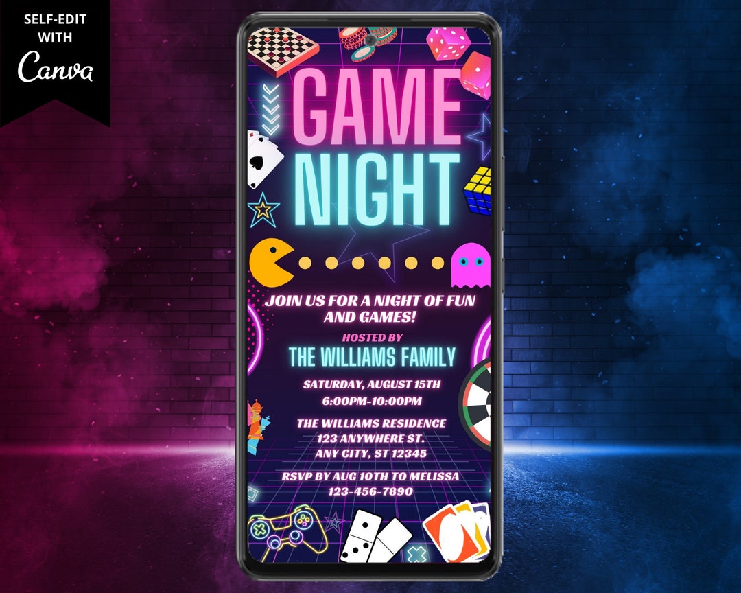 Digital Family Game Night Party Invitation, Electronic Phone Text Message Email Evite, Adult