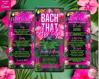 Invitación digital para despedida de soltera tropical "Bach That Ass Up", itinerario de viaje de 3 días, plantilla editable, descarga instantánea