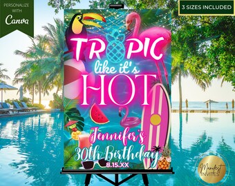 Tropic Like It's Hot Pool Party Birthday Welcome Sign, Tropical Luau Poster, Summer Beach BBQ Party Entrance Sign, Editable Canva Template