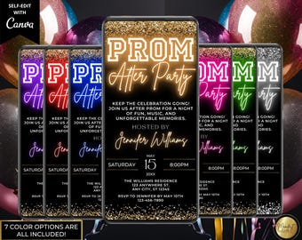 Digital Prom After Party Neon Glitter Invitation, Teen Prom Night After Party, Graduation Party, Phone Text Evite, Editable Canva Template