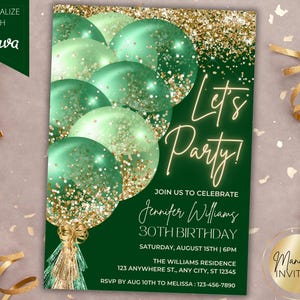 Invitation de fête d'anniversaire glam modifiable Let's Party, ballons pailletés verts, carte d'anniversaire imprimable, modèle de toile, téléchargement immédiat