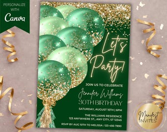 Editable Let&#39;s Party Green Gold Glitter Balloons Glam Birthday Party Invitation, Printable Birthday Card, Canva Template, Instant Download