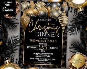 Bearbeitbare elegante Schwarz Gold Weihnachtsessen Einladung, Glam Winter Urlaub Cocktail Party, druckbare Canva Vorlage, Sofort Download