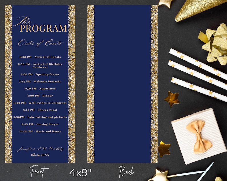 Editable Blue Gold Glitter Birthday Event Program Card Template ...