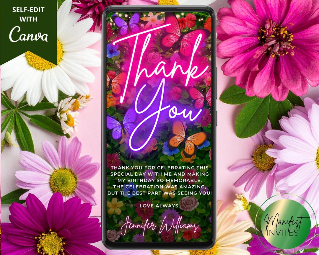 Party Note Digital Floral Birthday Party Thank You Card Invitation, Thank You Note ...