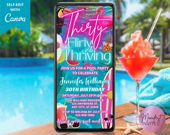 Digital Thirty Flirty & Thriving 30th Birthday Pool Party Invitation, Neon Tropical Summer Beach BBQ Phone Evite, Editable Canva Template
