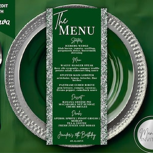 Editable Glam Green Silver Glitter Dinner Menu and Drink Card, Birthday Graduation, Printable Table Decor, Canva Template, Instant Download