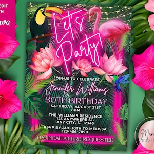 Editable Tropical Pink Neon Summer Birthday Party Invitation, Let's Party, Palm Leaf Jungle, Beach Hawaiian Luau, Printable Canva Template