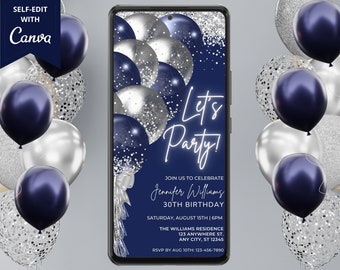 Digital Navy Blue Silver Birthday Invitation, Electronic Birthday Party Invite, Editable Template, Smartphone Evite, Instant Download