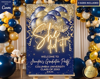 Letrero de bienvenida para graduación con globos azules y dorados "She Did It", letrero para fiesta de graduación, letrero de entrada, plantilla editable, descarga instantánea