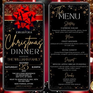 Digital Elegant Christmas Dinner with Menu Invitation, Festive Xmas Holiday Feast Invite, Phone Evite, Editable Template, Instant Download