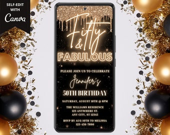 Digital Fifty Fabulous 50th Birthday Party Invite, Electronic Text Evite, Gold Glitter Drip, Editable Template, Instant Download, GGD02