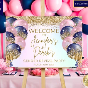 Editable Pink Navy Blue Glitter Balloons Glam Gender Reveal Welcome Sign, Couples Baby Shower Poster Decor, Canva Template, Instant Download
