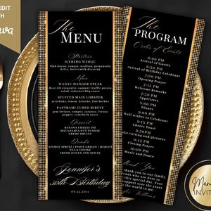 Elegant menyprogram och tackkort i svartguld, modern födelsedagsmiddagsdekor, glamorös dukning, redigerbar Canvas-mall