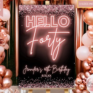 May include: A black and rose gold printable sign with the text "Hello Forty" in neon pink lettering. The sign also includes the text "Jennifer's 40th Birthday" and the date "8.15.XX".