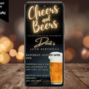 Electronic Men&#39;s Cheers and Beers Birthday Party Invitation, Digital Phone Text Message Email Evite, Self-Edit Template, Instant Download