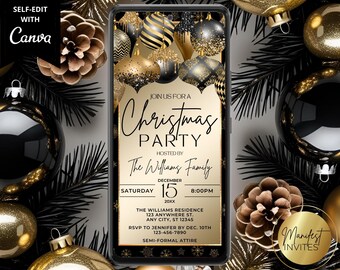 Digitale elegante zwartgouden ornamenten Christmas Party-uitnodiging, cocktailparty vakantie, telefoon Evite, bewerkbare sjabloon, Instant Download