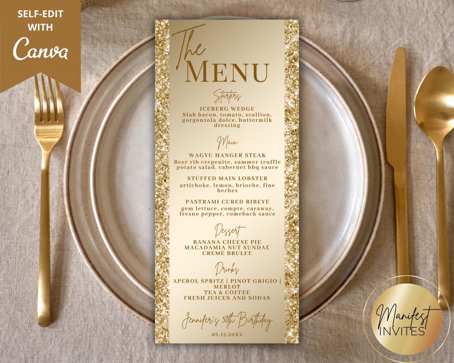 Editable Luxury Glam Gold Glitter Dinner Menu and Drink Card, Birthday ...