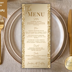 Bearbeitbares Luxus Glam Gold Glitter Abendmenü und Getränkekarte, Geburtstag Abschluss Hochzeit, druckbare Canva Vorlage, Sofort Download